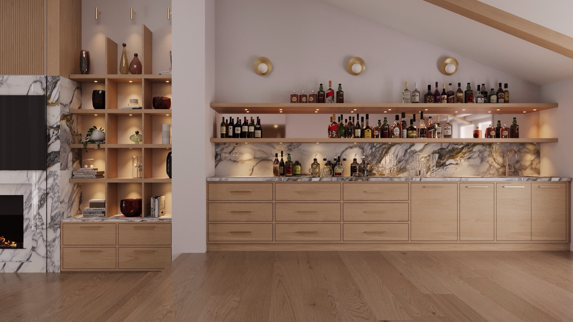 large wet bar and liquor display floating shelves
